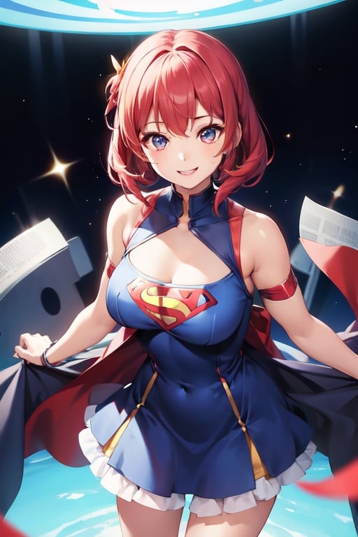 Image of A GIRL,wearing dress inspired by SUPERMAN, smiling