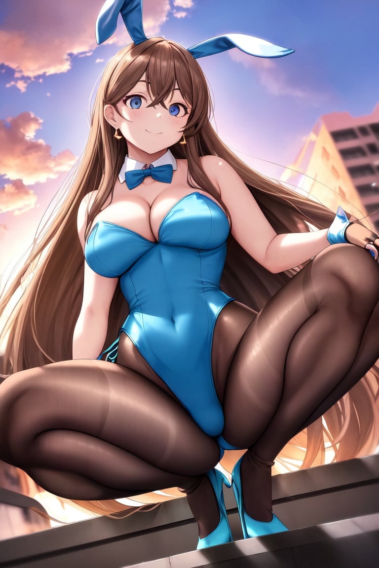 Image of absurdres, 1girl, long hair, light brown hair, blue eyes, large breasts, cleavage, playboy bunny, light blue leotard++, pantyhose, brown legwear++, high heels, earrings, fingerless gloves, outdoors, sunset+, balcony, looking at viewer, dutch angle, smile, squatting, cleavage reach, breast focus, masterpiece+++