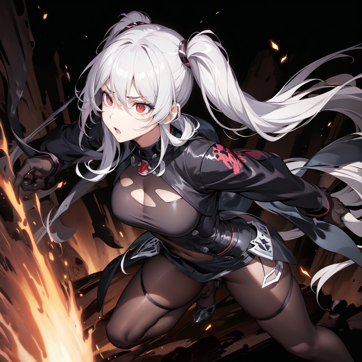 Image of (masterpiece), best quality, expressive eyes, perfect face,1girl, action poses, dense shades, dark, oil on canvas, thick strokes, defined lines and edges, closeup, insanely detailed, volumetric lighting, cell shading, bold outlines, flat colors, sharp shadows, graphic style, (manga influence:1.3), clean linework, striking visuals, comic, silver hair, glossy hair, twintails, full body
