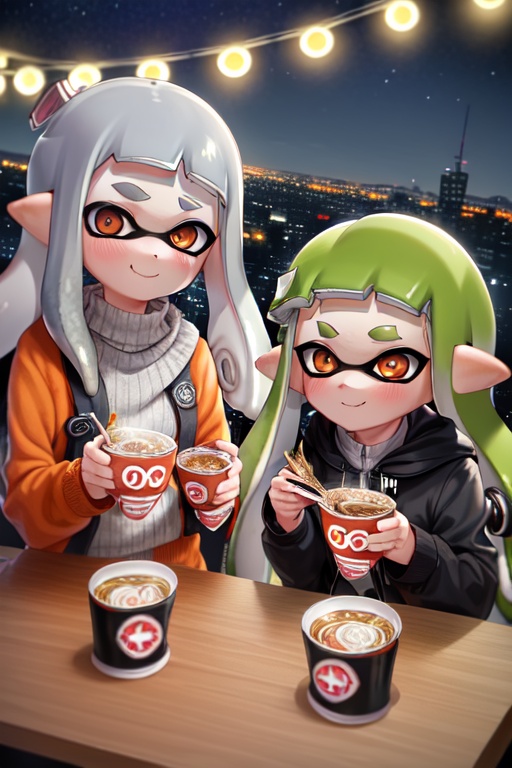 Image of 2girl, duo, (inkling girl)++, pointy inkling ears, splatoon+, tentacle hair, (gray hair)++, (orange eyes)++, (cyan hair)++, (white eyes)++, coat, night+++, stars in sky, shop, table, city, eating+, ramen+, steaming bowl, wholesome, happy, talking, (warm lighting)+