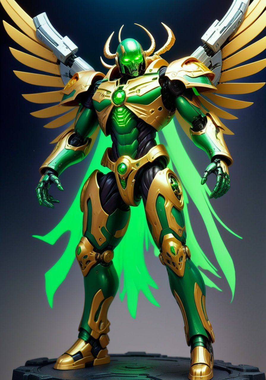 Image of 1 male,synthetic body,robotic body,Warhammer 40k,Necron,C'tan,Star God,Goddess,(Silver,green and gold metal body),Necrodermis Body,robot body,Pure energy body within Necrodermis body,wielding cosmic power,flying in space,muscular male body,large muscles,masterpiece,best quality 