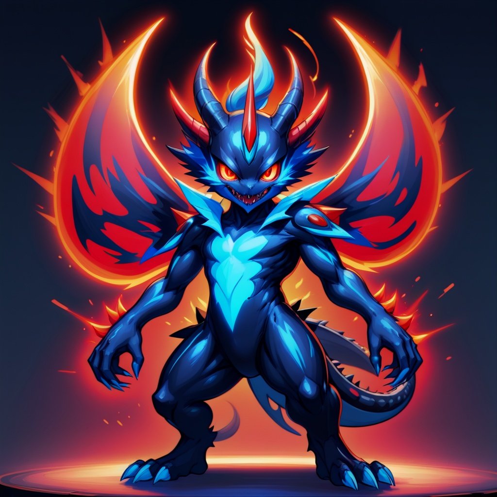 Image of Aegiochusmon: Dark with black black-gray dull-blue neon-red palette in gatcha art style