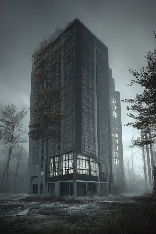 Image of  ((abandoned building++)) dark forest++, cryptid+, ((grey light++)) ((nighttime+)) ((blurred)), (trees), ((dreamlike+))