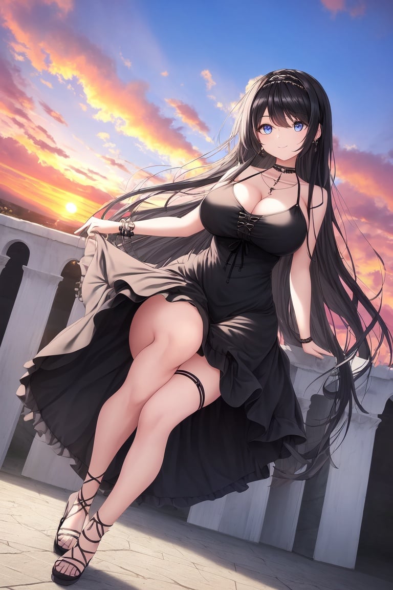 Image of absurdres, 1girl, long hair, black hair, blue eyes, huge breasts, cleavage, sundress, black dress++, wrist scrunchie, strappy heels, earrings, outdoors, sunset+, looking at viewer, mansion, smile, dutch angle, masterpiece+++