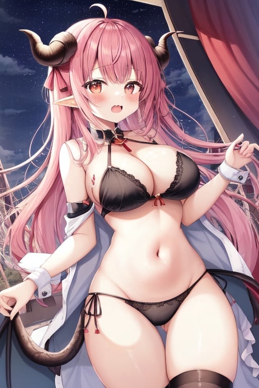 Image of breathtaking, (big breasts:1.5), cute, cute fang, horns, dragon horns, cute horns, dragon girl, short girl, shortstack, light-skinned, female light skin, , detailed pink eyes, short pink hair, (strict Black Pajamas:1.2), sharp teeth, thick thighs, stockings, (high saturation:1.3), (masterpiece), looking to viewer, bottom view, 1girl, indoor, bedroom, nigh time, featured pixiv