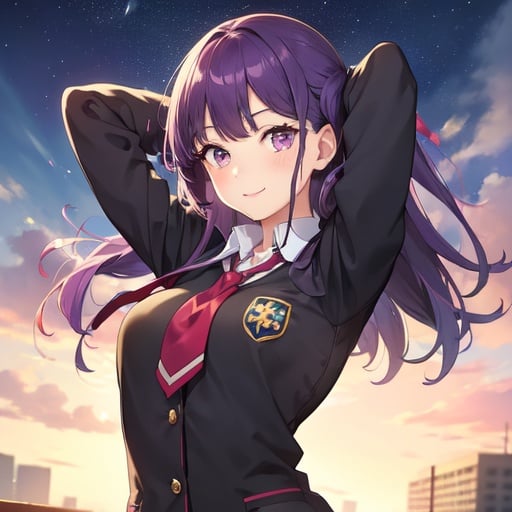 Image of 1 girl, solo, school uniform, high quality, detailed eyes+++, purple eyes,  purple hair, (happy face), (school background), arms behind head,