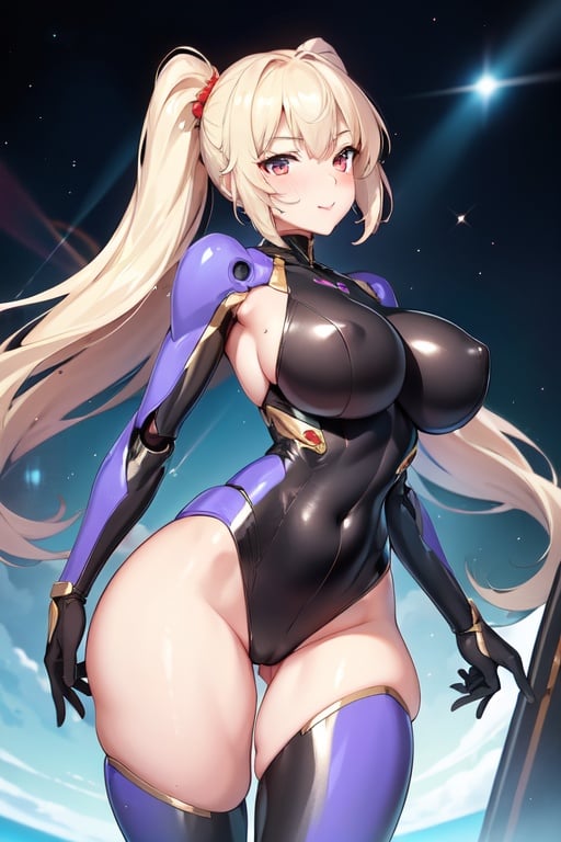 Image of girl ++++, perfect figure ++++, long legs +++, big hips ++++, big breasts +++, shiny skin ++, velvet skin +++ long hair +++, beautiful face +++, perfect face +++, blush +++, smile +++, (unreal suit, battle suit, mini skirt, mecha) ++++, (y pose) ++++, , solo ++ ++, super quality +++