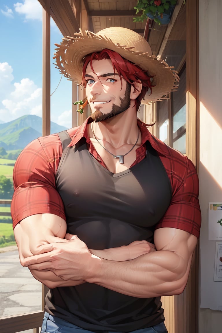 Image of An muscular, smiling man with red hair and a beard stands in front of a cafe window in the countryside. He's wearing a straw hat and checkered shirt with a collar. He has a silver necklace on. It's a close up head and shoulders portrait.