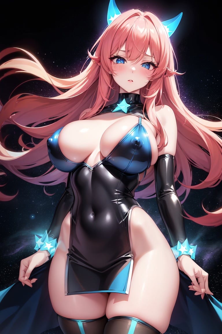 Image of blue eyes, glowing , glowing clothing++, glowing horns,  ++, red head, solo, teen, blue starts skirt, stars crop top, (stars glowing clothing )+, stars, enormous breasts, fishnet stockings+++, clothed ultra wide hips+, perfect glowing eyes, curve body, tight clothing, breasts apart, hard s, visible , visible s, , ((legs together)), shy, blush, eyelashes, black make up, (half closed eyes)