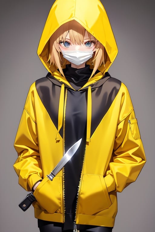 Image of masked, yellow hoodie, holding knife