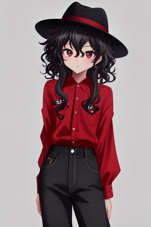 Image of Michael jackson, 1 male, anime, curly hair, cute, fedora, red shirt, long sleeved shirt, small waist, jeans, black jeans, , black eyes, vitiligo, buttoned shirt, tucked shirt, tareme eyes, quality++, 40k, 5000k++++, HE’S A MALE, BOY, GUY, BLACK EYES, FEDORA, Black guy