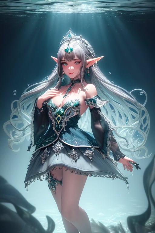 Image of masterpiece++, (highly detailed)++, full body, shadows++, 3d shaded, (wide angle)+, (cold theme, blue theme, green accents)+, silver filigree, silver trimming, (1girl floating)+, (black hair)+, long hair, (hair flowing underwater), (silver squid themed crown), (underwater),(small elf ears)+, (deep blue dress flowing underwater)+, earrings+, piercings+, (collar with pendant)+, collarbone, oblong face, strong jawline, sharp nose, freckles+, (green eyes, glowing eyes, matching eyes)+, (high res face)+, (detached sleeves)+, blushing+, cleavage++, normal fingers, benevolent smile