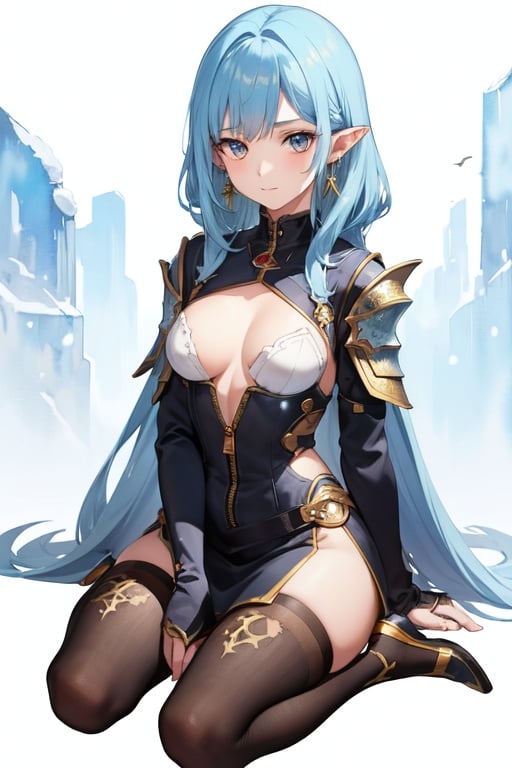 Image of 1girl, solo, traditional media, watercolor painting, sitting, wariza, blue hair, amber eyes, :3, very long hair, pointy ears, armor, earrings+, zipper, snowing