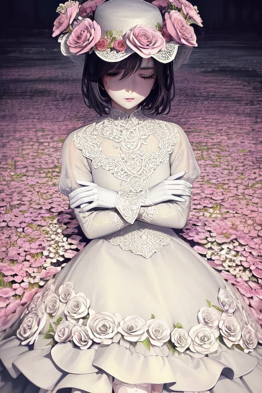 Image of traditional media, impress+++,  pixie cut flowers++, pale, (ultra-detailed dress)++, beautiful, cinematic shot, lies in flowers, arms crossed, wealth++, (atmosphere of sorrow)++, closed eyes, heaven, lacy black gloves, fancy hat, 