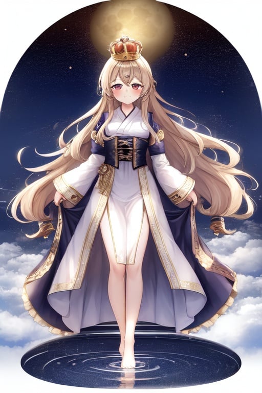 Image of 1girl, crown, ,moon background, long dress, closed eyes, whiskers, long sleeves, barefoot, walking on liquid, hands out, really long hair, golden hair,