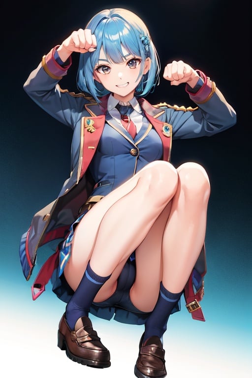 Image of 1girl, solo, (paw pose)+, blue hair, brown eyes, grin, jacket, loafers, simple background