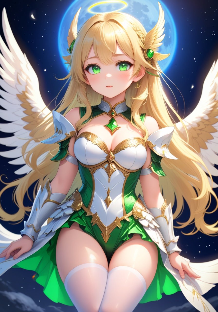 Image of masterpiece++, shiny skin+,   best quality++, (ultra-detailed)++, thighhighs, rim lighting, (valkyrie armor)++, white latex, 1girl, solo, cute++, leotard, armor, blonde hair, twintails, very long hair, expressive green eyes, poverful, dinamic pose, extremely detailed+, cute+, lovely++, full body, moon, wings, jewelry++, white stockings, white clothes, energy light in arms, (light magic in arms)+