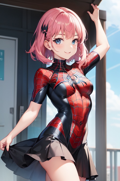 Image of A GIRL,wearing dress inspired by Spider-Man, smiling