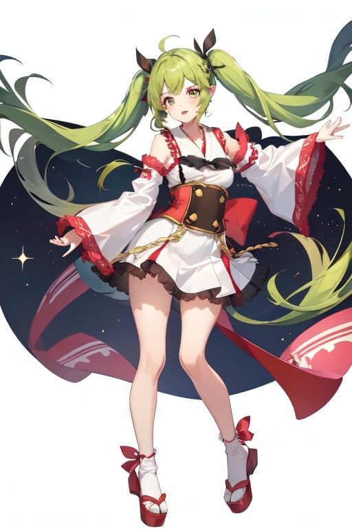 Image of 1girl, solo, dancing, multicolored hair, (green hair)+++, pink hair, red eyes, long hair, twintails, pointy ears, sailor, slippers, detached sleeves, lace trim, detached sleeves, onsen