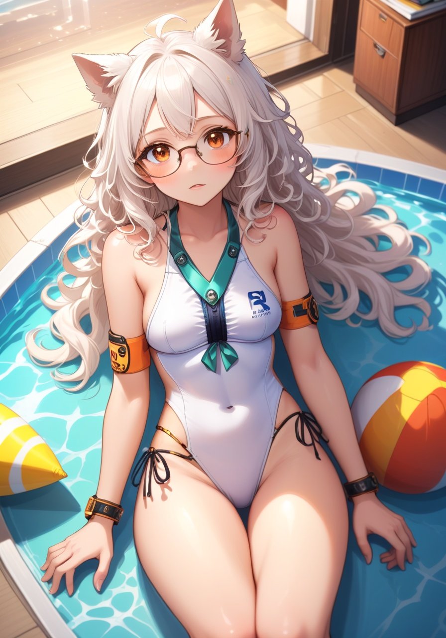 Image of 1girl, solo, fantasy-, lying, crossed legs, from above, (white hair)-, chromia, (brown eyes)+, amber eyes, nervous, curly hair, dog ears, swimsuit, armband, armband, gles, indoors