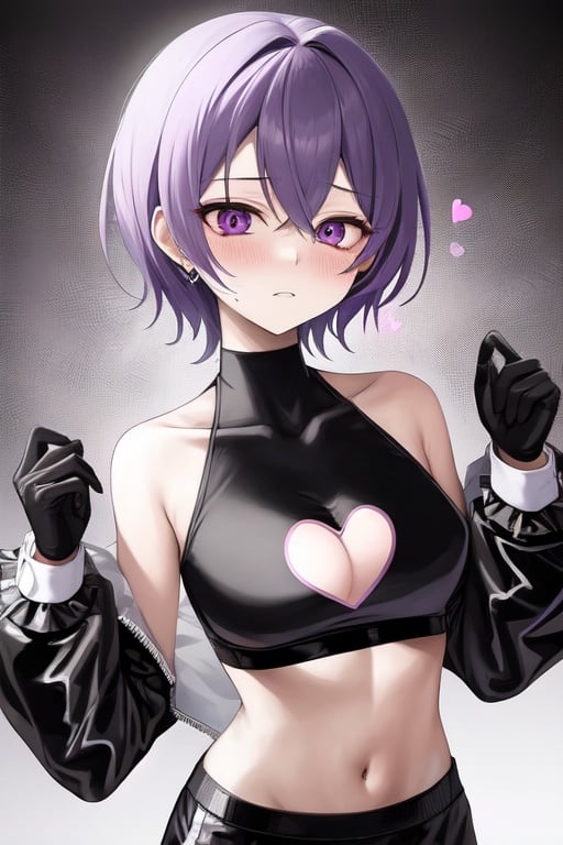 Image of 1boy, solo, nervous, scared, trembling, focused+, pale, tired, purple hair, purple eyes, cute, lover, killer, blood on face, cute++, (black crop top heart-shaped cutout)++, beautiful+