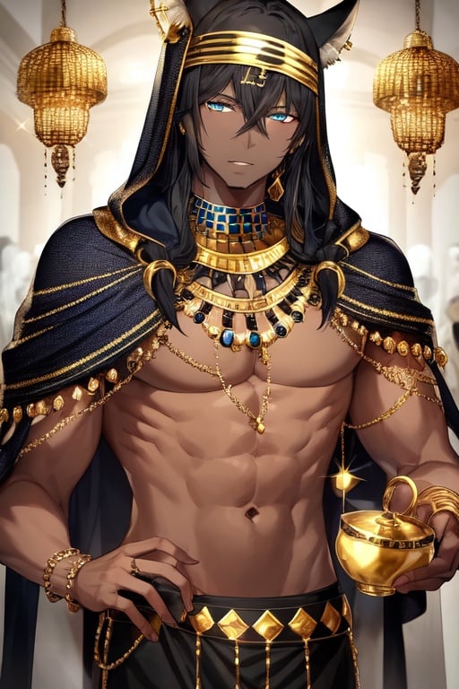 Image of 1boy, adult guy, cute guy, Egyptian style of clothes, dark skin, cute face, big smile, fluffy hair, Anubis hat, gold necklace, gold earrings, holding cup, pouty lips, jewelry, blue eyes