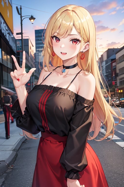 Image of (masterpiece), best quality, expressive eyes, perfect face, absurdres, kitagawa marin, long hair, blonde hair, red eyes, large breasts, fully , earrings, choker, outdoors, on city street, sunset, naughty face, wide smile, happy face, blushing, greeting viewer, victory hand