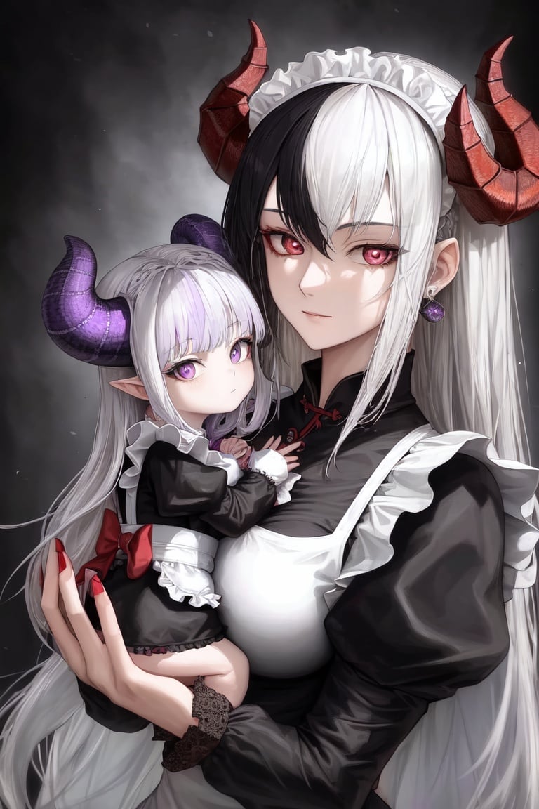 Image of highres+, highest quality+, super detail+, masterpiece+, dragon girl, mother and daughter, beautiful, 2girls+ mother white hair, daughter black hair, dragon horns, maid, beautiful detailed eyes, two tone cerulean red eyes mother, two tone cerulean purple eyes daughter,