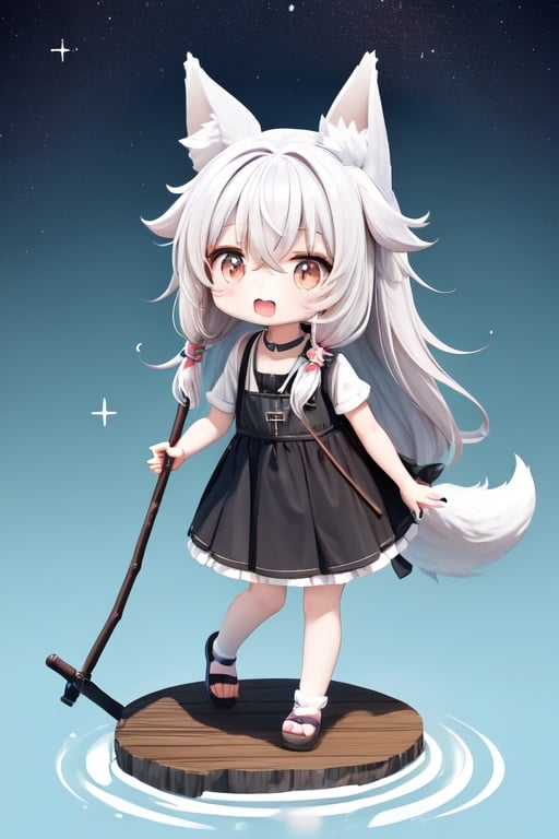 Image of 1girl, chibi, cute, dog ears, long hair, open mouth, white eyes, standing on liquid, happy, holding a walking stick, 