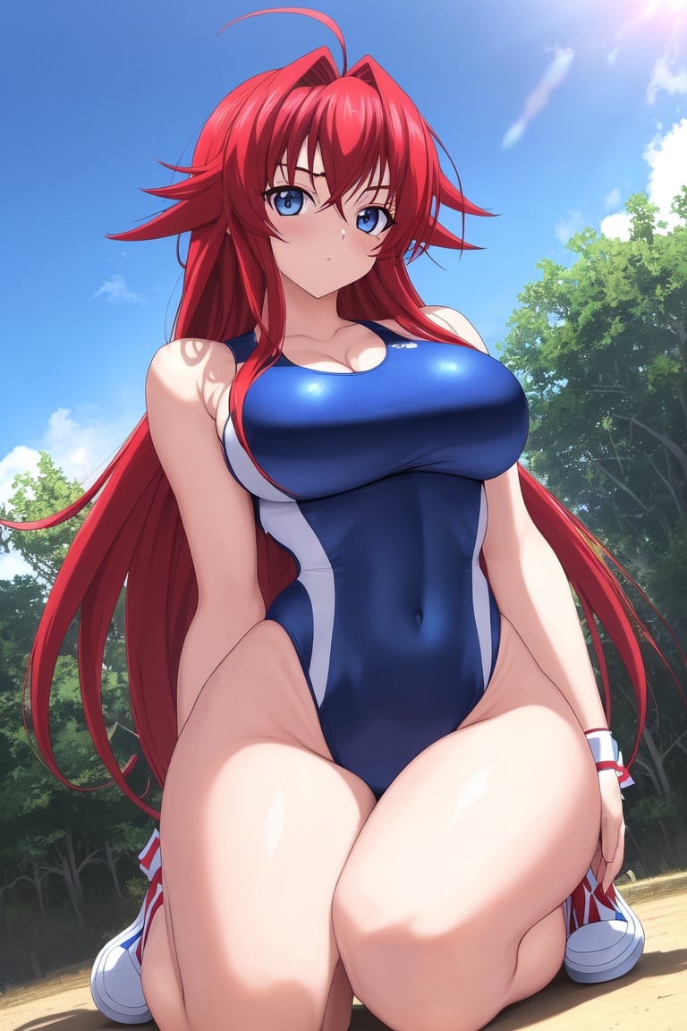 Image of absurdres, high school dxd, rias gremory, long hair, red hair, blue eyes, ahoge, large breasts, cleavage, one-piece swimsuit, blue swimsuit++, white headband++, highleg swimsuit, fingerless gloves, sneakers, outdoors, sunset+, facing viewer, looking at viewer, from below,  kneeling, masterpiece+++