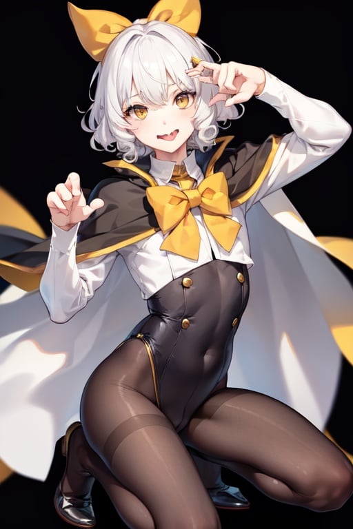 Image of 1boy, solo, paw pose, white hair, yellow eyes, tongue out, curly hair, hair bow, cape, pantyhose, mountain-