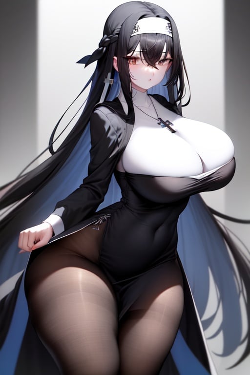 Image of 1woman, big breasts, long black hair, long white dress, cross necklace, black eyes, cross headband, curves, claws, black pantyhose, pale skin