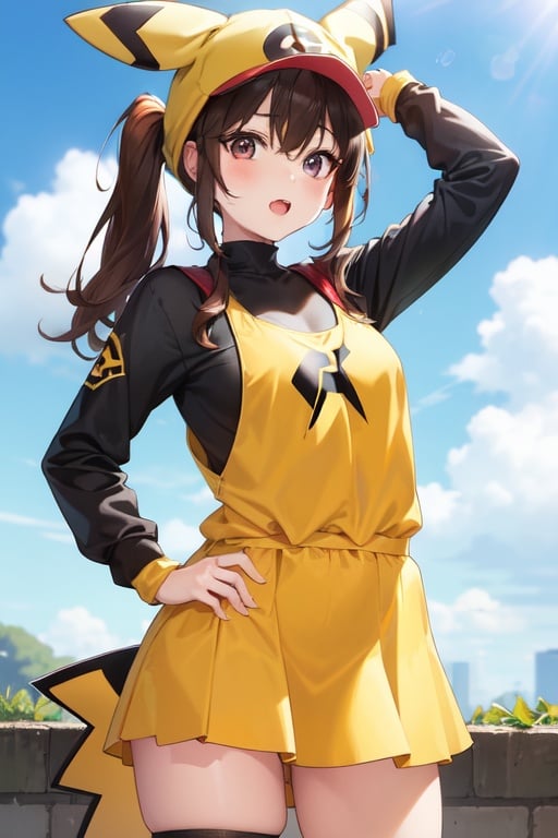 Image of A GIRL, wearing a costume inspired by PIKACHU
