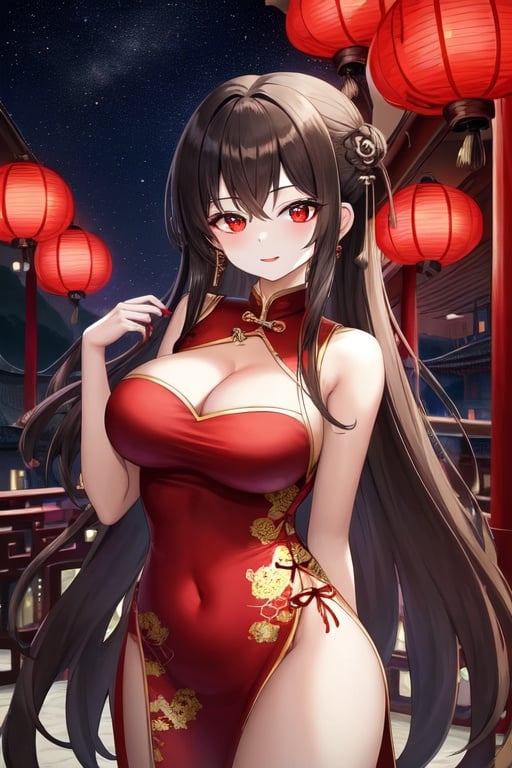 Image of 1girl, earrings, hand on hip--, red lips, jewelry, dress, long hair, breasts, lantern, red eyes, (chinese clothes)++, looking at viewer, solo, china dress, smile, red dress, large breasts, pelvic curtain, bangs, paper lantern, covered navel, blush, very long hair, silver hair, standing, hand on own chest, (nightlife)+,dark, night, dramatic shadows,