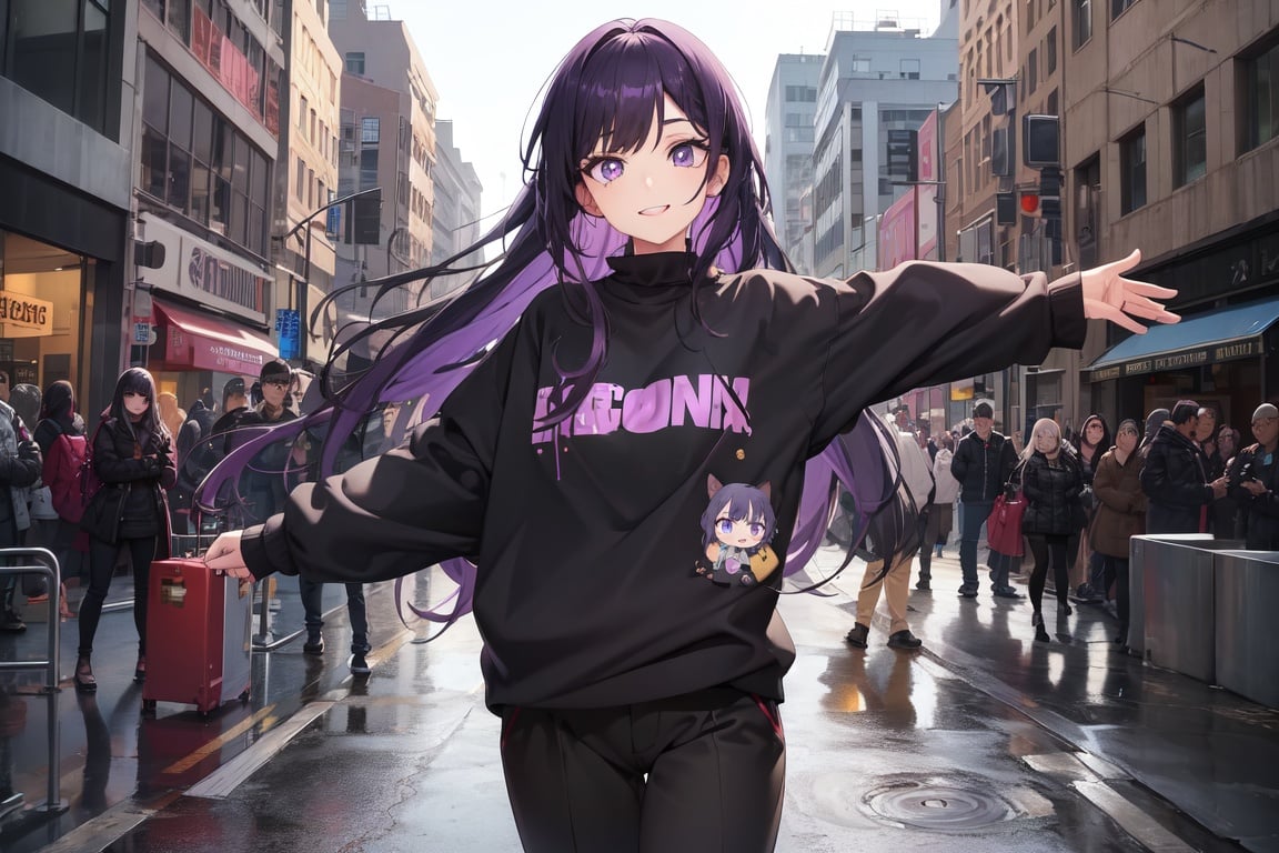 Image of 1 girl, solo, black sweater long sleeves, baggy black trousers, high quality, detailed eyes+++, purple eyes,  purple hair, (happy face), (concrete background), 