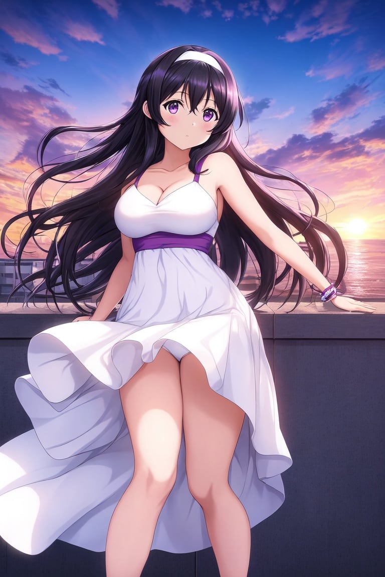 Image of absurdres, hibike! euphonium, kousaka reina, long hair, black hair, purple eyes, medium breasts, cleavage, sundress, white dress++, bracelet, barefoot, white headband++, outdoors, sunset+, rooftop, looking at viewer, facing viewer, wind lift, light blush, masterpiece+++