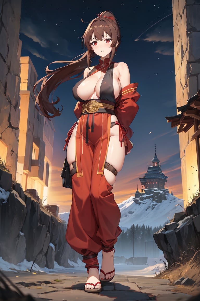 Image of Girl ,Brown hair, Ponytail Hair, Large Breast++, Red Eyes, Weary, Full Body, Monk outfit , Mountain, Short , hide hands behind back, Gaunlets