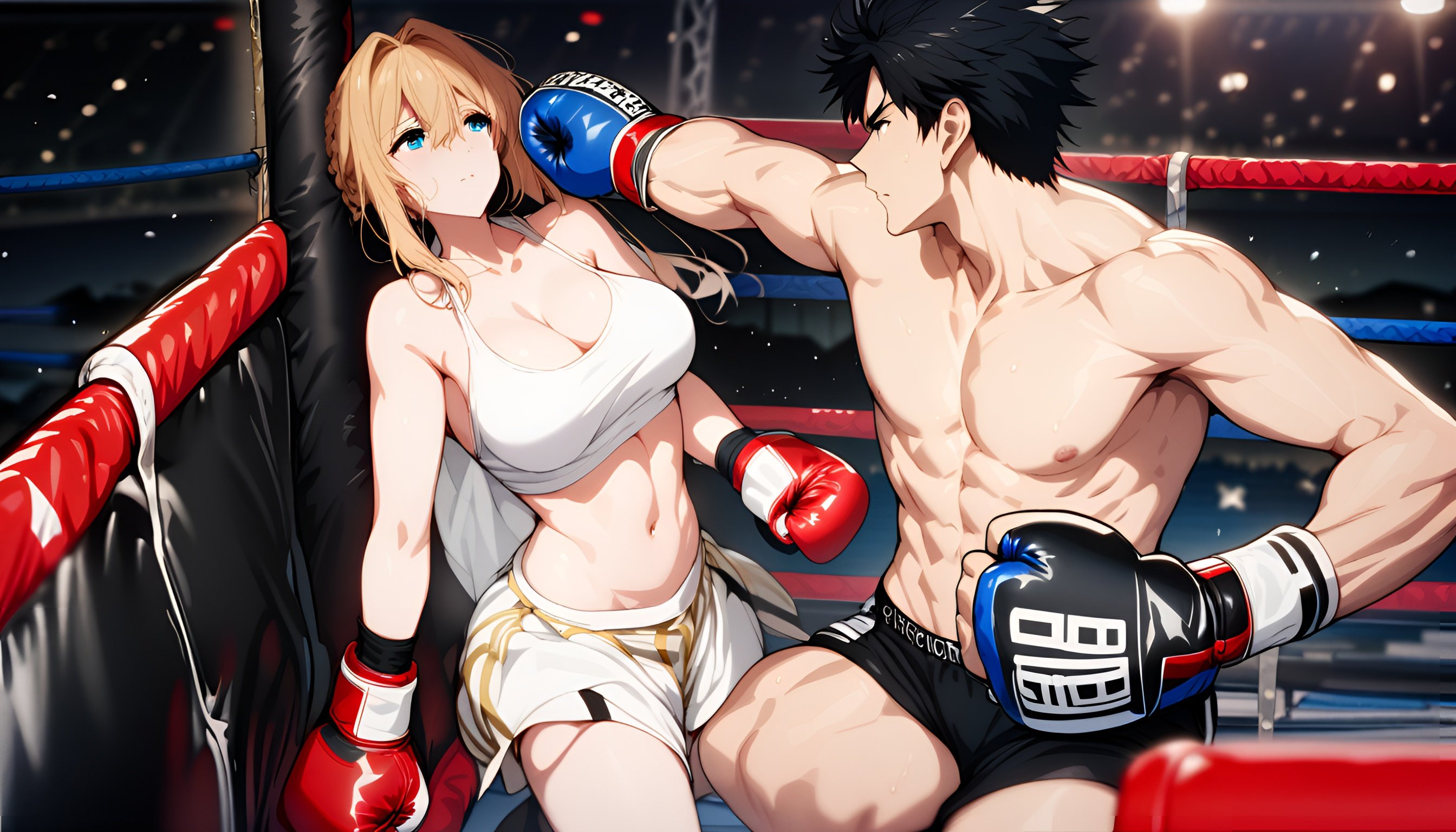 Image of violet evergarden, pair, from side, landscape, eye contact, fighting a male boxer in a boxing ring, there is a sense of sd,black sports bra, black trunks. blue boxing gloves, large breasts, navel, male boxer with black hair, best quality, masterpiece