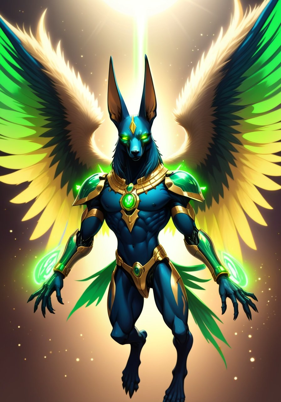 Image of 1male,Anubis,Jackal,Anthropomorphic,furry,synthetic body,synthetic fur,robotic wings,robotic body,Warhammer 40k,Necron,C'tan,Star God,Goddess,(Silver,green and gold metal body),Necrodermis Body,robot body,Pure energy body within Necrodermis body,wielding cosmic power,flying in space,muscular male body,large muscles,masterpiece,best quality 