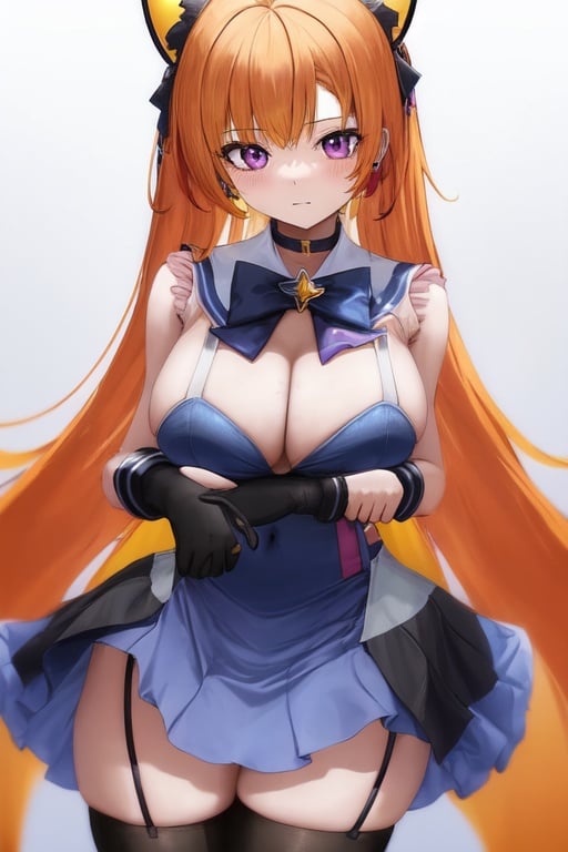 Image of magical  girl, transformed body, yellow sailor collared blue dress, {{gradient hair, orange hair, black hair}}, twin tail, purple eyes, blue brooch with black bowtie on breasts, cowboy_shot, view straight on, 1 girl, young,20 years old, very long hair, large_breasts, elbow_gloves