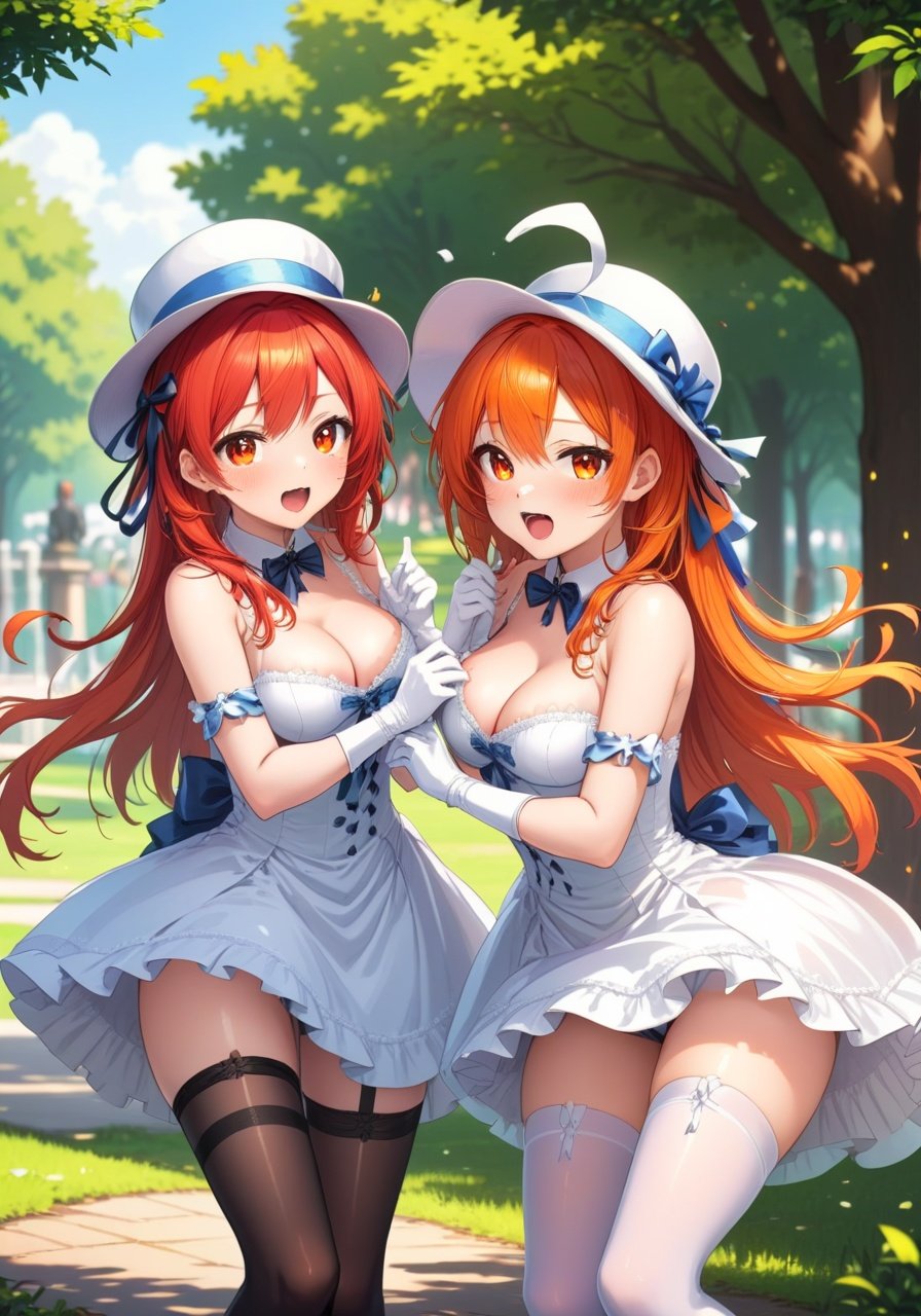 Image of 2girls, red hair, orange hair, thighhighs, ribbon, cleavage, open mouth, park, hat, white dresses, white gloves