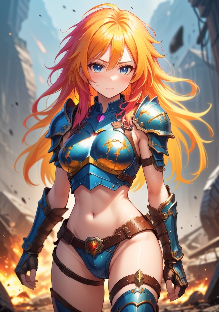 Image of Female adventurer with bright hair in a battle with her clothes and armor in an extreme state of lewd disrepair showing off her body