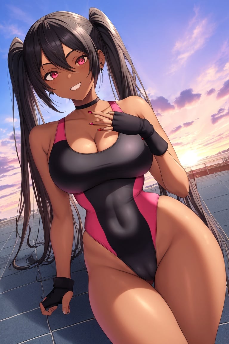 Image of absurdres, 1girl, dark-skinned female, twintails, black hair, red eyes, large breasts, cleavage, one-piece swimsuit, highleg swimsuit, pink swimsuit++, fingerless gloves, sneakers, earrings, outdoors, sunrise+, rooftop, looking at viewer, facing viewer, dutch angle, claw pose, grin, masterpiece+++
