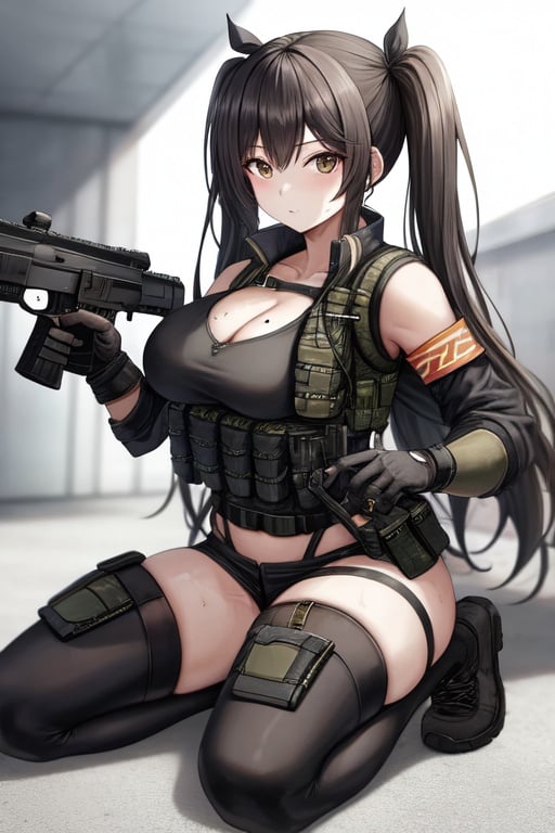 Image of tactical vest, high quality, cleavage, full body, sexy, mole, large breasts, sweating, high waist thong, 