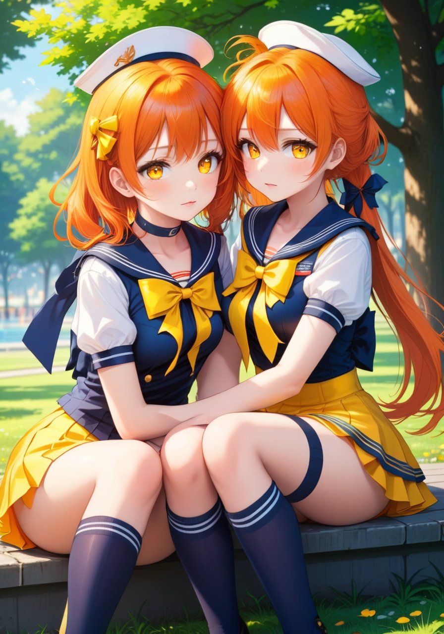 Image of 2girls, head rest, orange hair, yellow eyes, :d, drill hair, drill hair, sailor, thighhighs+, neck ribbon, ascot, watch, park
