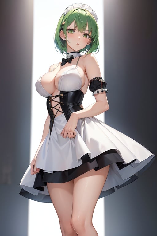 Image of (girl1), (anime), young beautiful, white woman, 18 years old, green hair and green eyes, (wearing), +, a ual maid outfit showing shoulders, and at the bottom of the dress the skirt is short and straight showing her legs, at the back at the bottom the skirt is also straight, hot, super busty, with AAA+++ size breasts, big ,