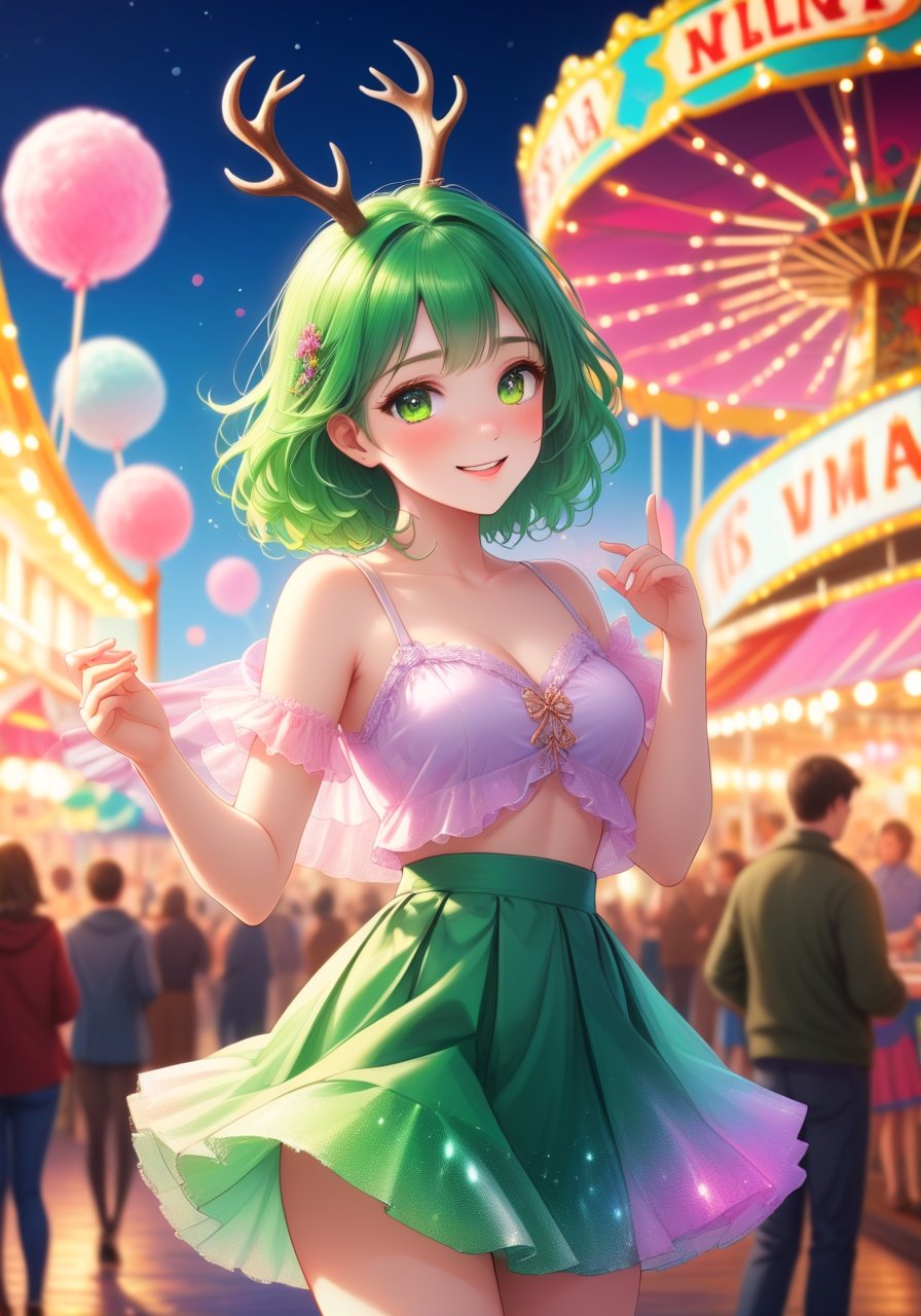 Image of ceres_fauna, delicate feminine hands, skirt hold arms_at_sides, (masterpiece, round_iris, crispy_glossy_pink_eyes, eye_focus, extremely_delicate_body, extremely_delicate_hands, mature woman, highly_detailed), carnival, <lora:beautiful_detailed_eyes:0.5>, <lora:more_details:0.2>, feminine_expression, playfulness, happiness, arms_support, looking_down, from_bellow, green_hair, [detailed_green_hair, long eyelashes, eyeliner, glistering_yellow_eyes, parted lips, smile grim, virtual_youtuber, antlers, mole, mole_under_eye, pale_skin, soft_skin, smooth_skin, flawless_skin, perfect_breasts, round_breasts, cosplay, sparkly top, skirt, thighs], [cotton candy, colorful lights, excitement, bright pink, bokeh, scenery, lens_flare, photo_background, enchanting, lighting], [[a carnival with colorful lights, a festive atmosphere, and the aroma of cotton candy filling the air amid sounds of joy, she dances in a sparkly top and skirt, celebrating amidst the bright pink hues, feeling excitement and pl