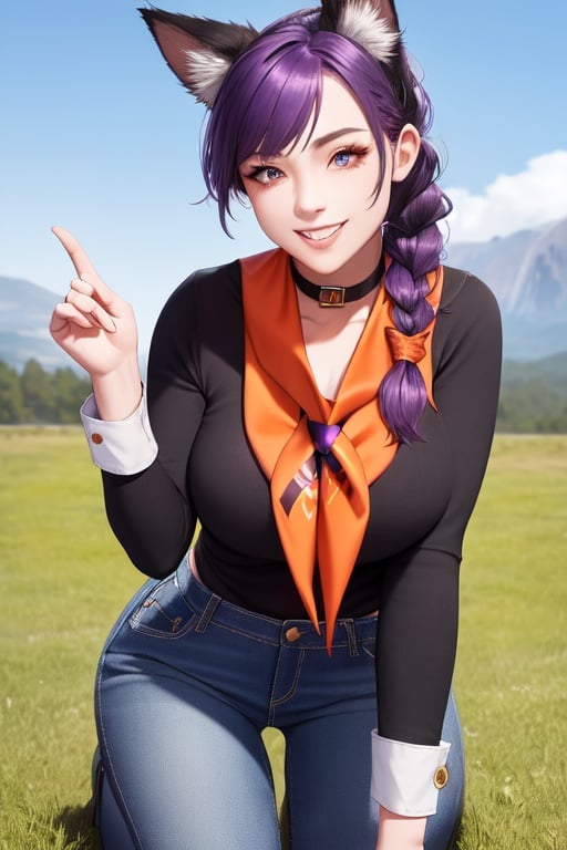 Image of 1girl, solo, all fours, purple hair, orange eyes, grin, braid, dog ears, halterneck, jeans, neckerchief++, mountain