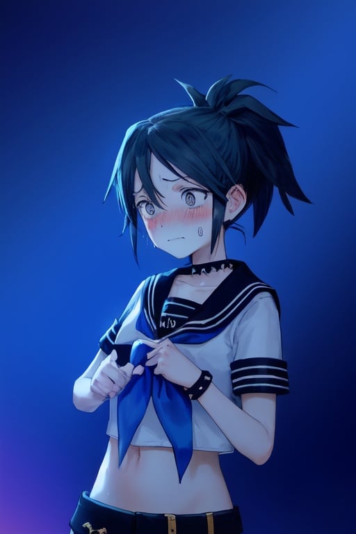 Image of 1girl, solo, realistic, blush, embarred, ponytail, spiked hair, pointy ears, crop top, neckerchief, armband