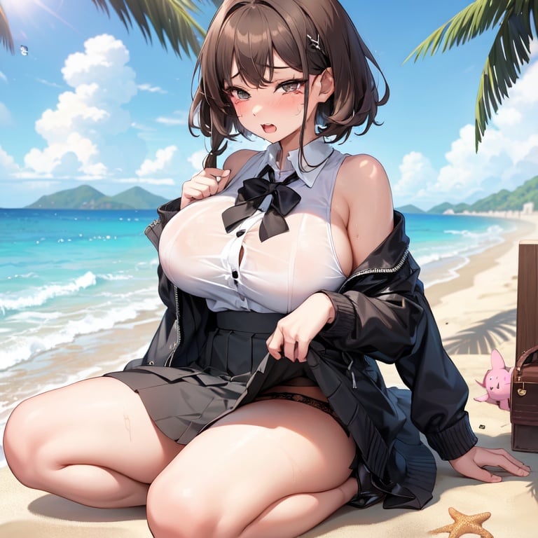 Image of loli,  solo, 22 years old,  fat boobs,  tears, school form, skirt lift, grey thongs, brown hair, hands behinds head, wet, black eyes,  open mouth, , beach, fear, cute, masterpiece, short hair with long locks, high-heeled shoes, full body, fat hips, legs apart, shy, sit on grass, up skirt, ahegao